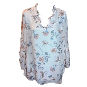 Angela Moda Silk Floral V Neck Blouse Long Bell Sleeves Size Large